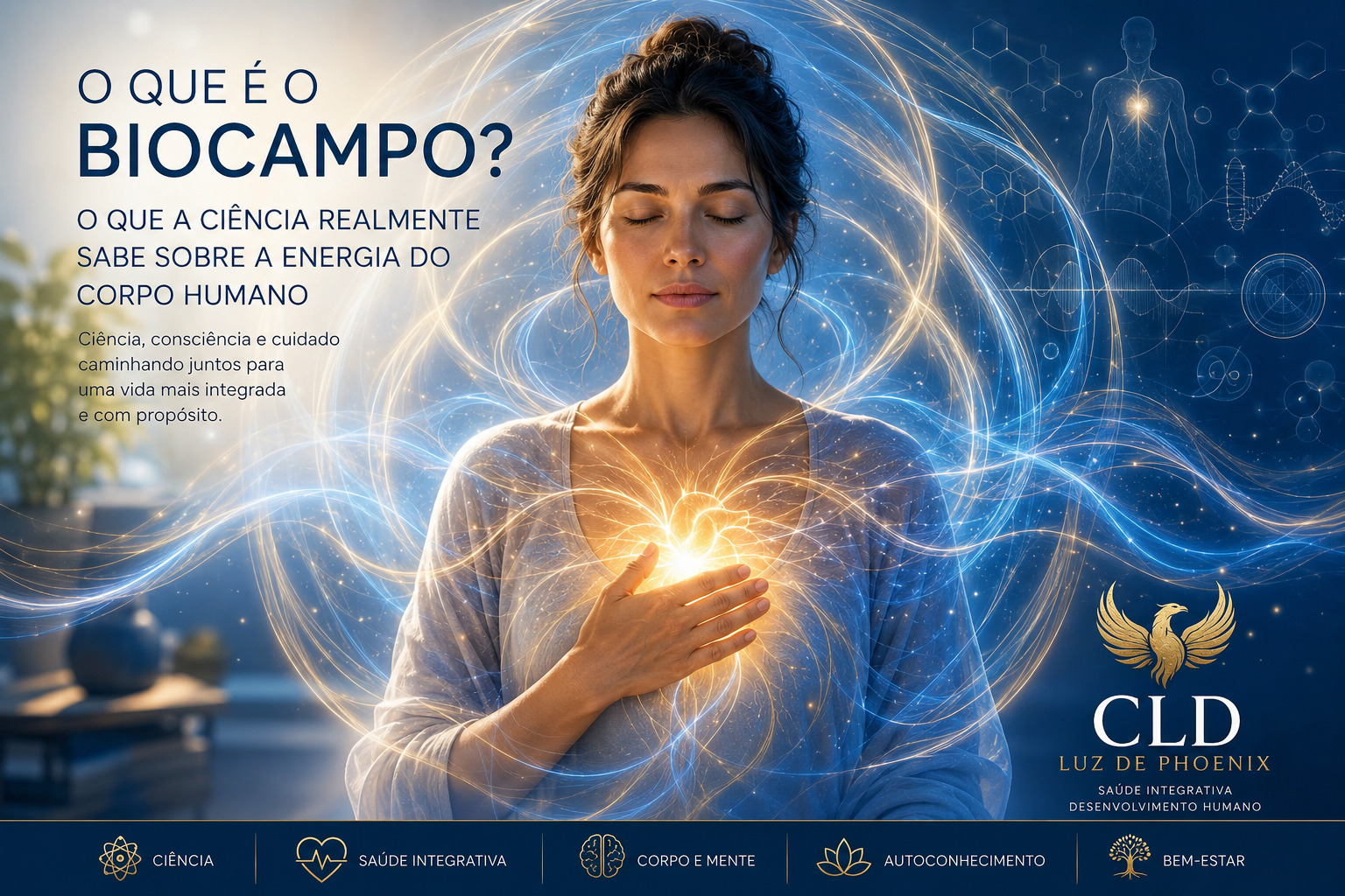 biocampo Representação artística do corpo humano envolvido por linhas luminosas suaves simbolizando o biocampo, com destaque para a região do coração, em um contexto de saúde integrativa baseado em ciência.