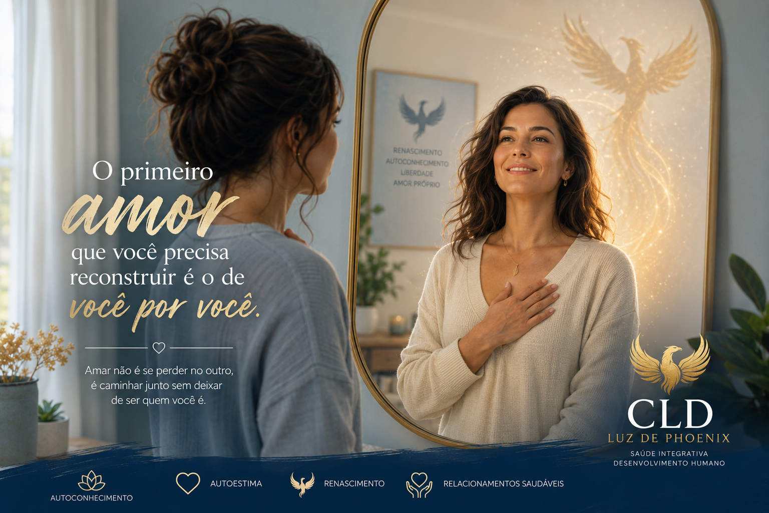 dependecia emocional Mulher olhando seu reflexo em um espelho enquanto recupera sua identidade, simbolizando o processo de superação da dependência emocional e do reencontro consigo mesma.