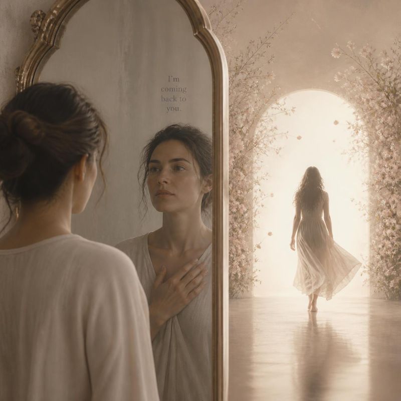 Mulher reflexiva olhando pela janela com luz natural, simbolizando o autoconhecimento e o fim da dependência emocional