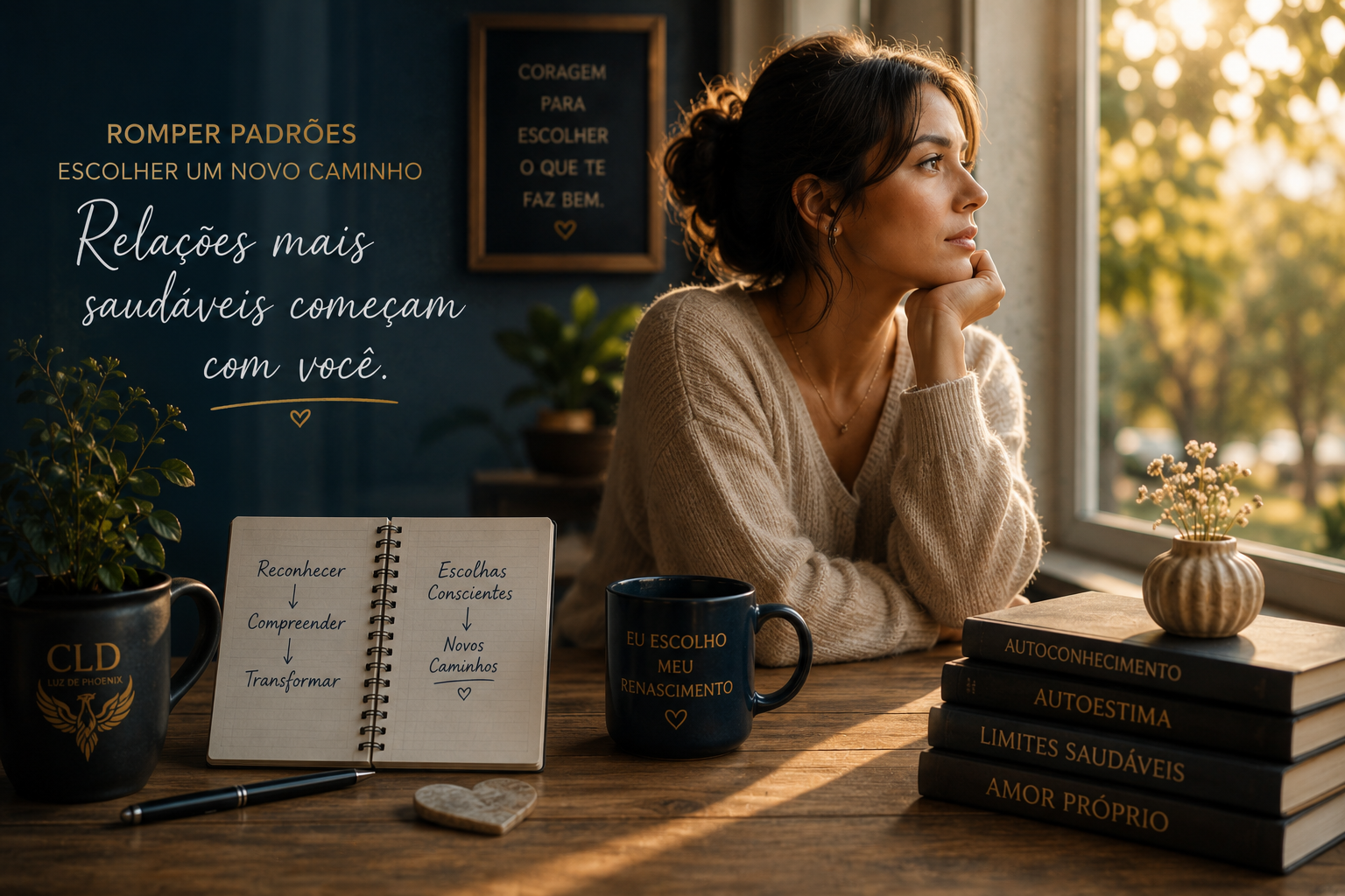 Mulher refletindo sobre seus padrões emocionais enquanto busca construir relacionamentos mais saudáveis através do autoconhecimento.